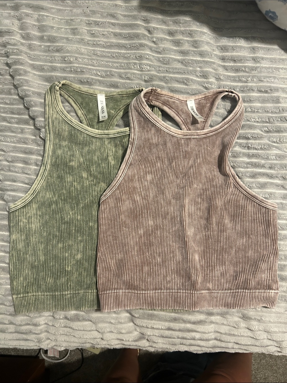 Ribbed Racerback Crop Tank Top - Green and Mauve